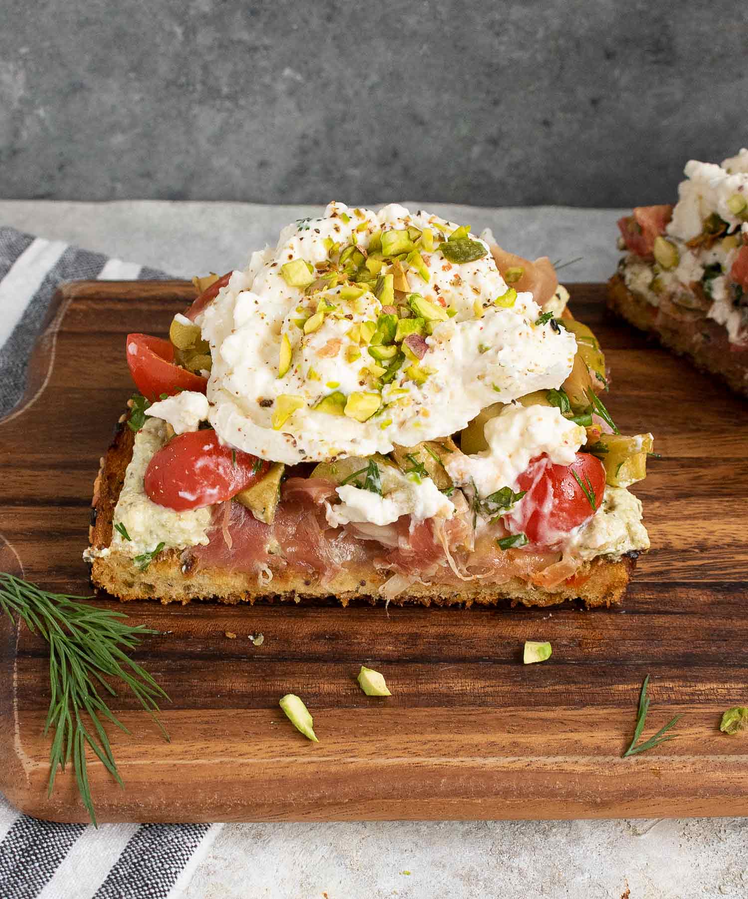 Close-up of the inside half of a Mediterranean Burrata Fried Toast.