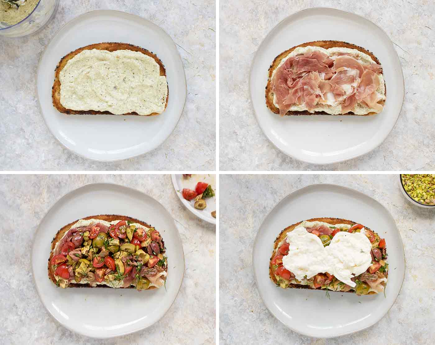 Photo collage showing the assembly of the fried toast: the creamy pesto, the prosciutto, the tomato olive salad, and the burrata.