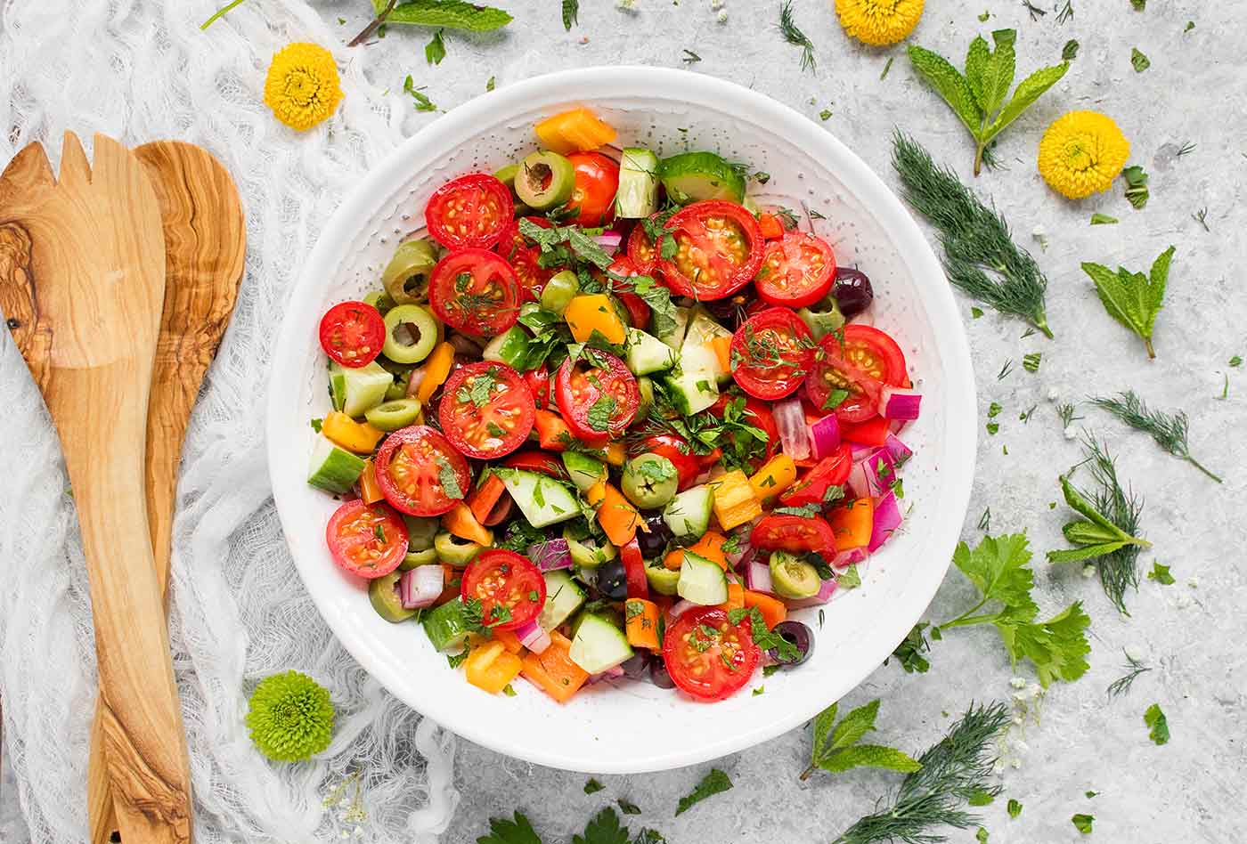 Mediterranean Chopped Salad in a white bowl