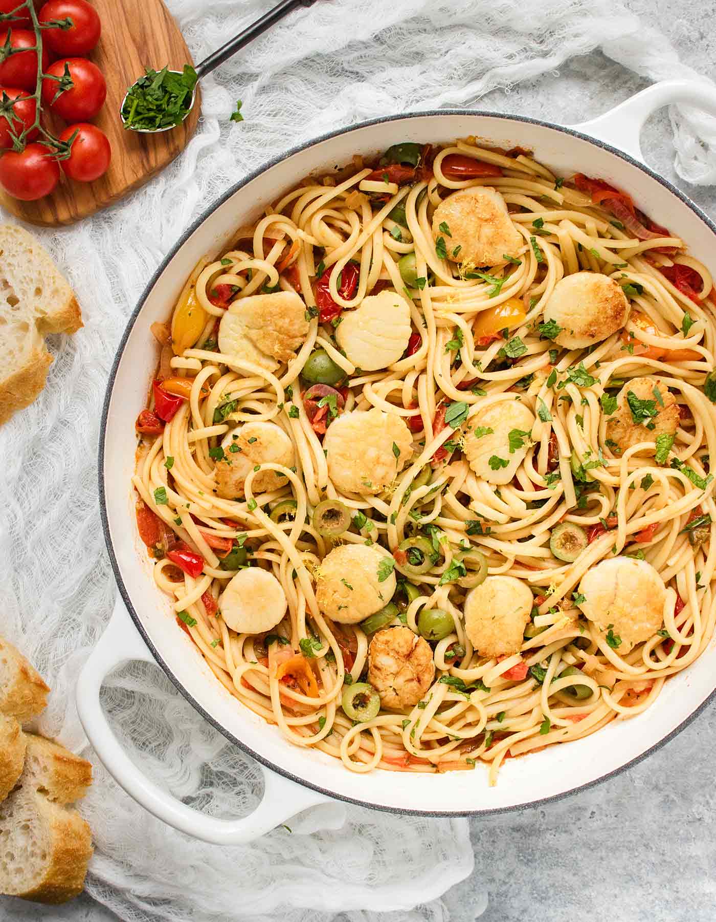 White saute pan filled with Mediterranean Scallop Linguine