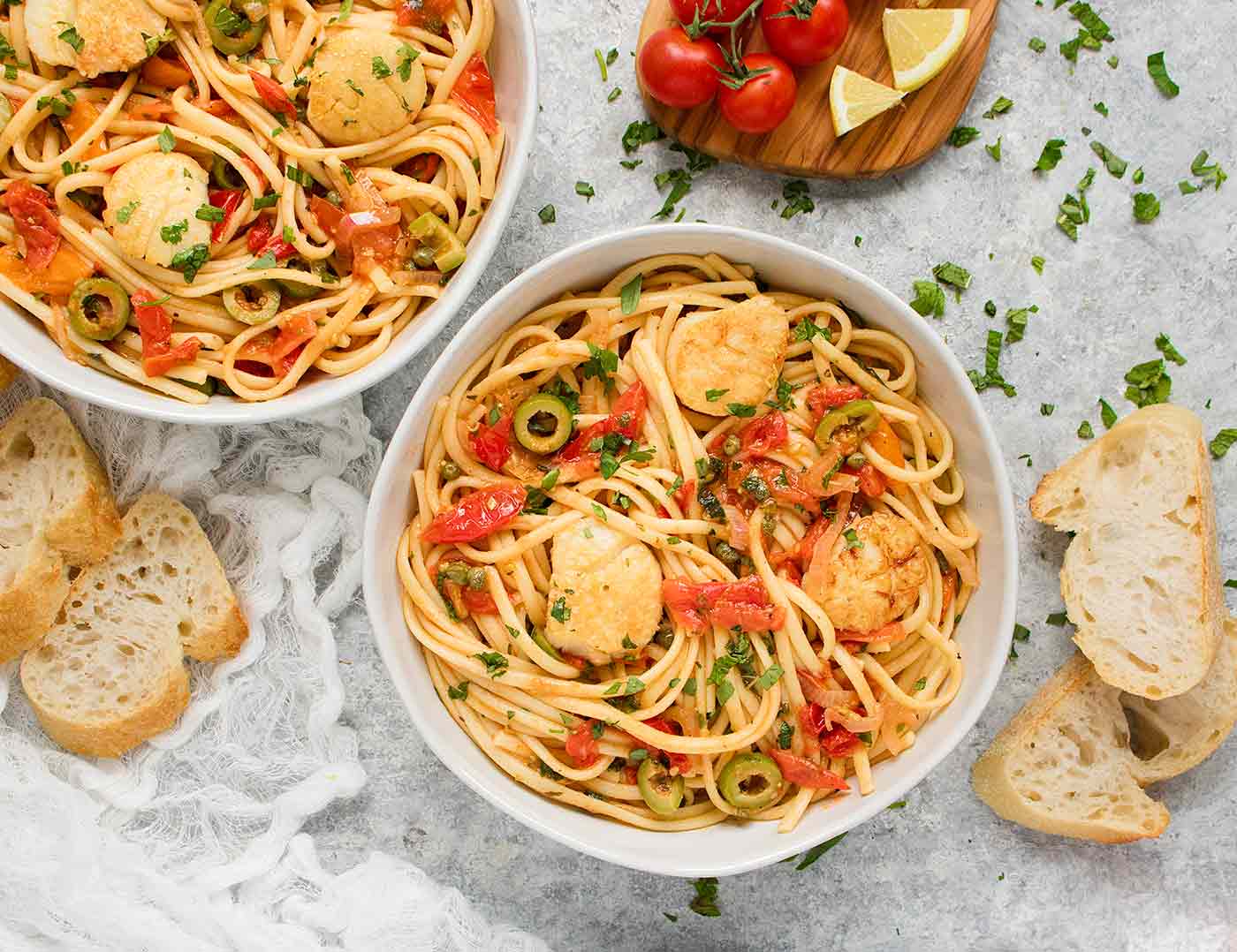 Two bowls of Mediterranean Scallop Linguine