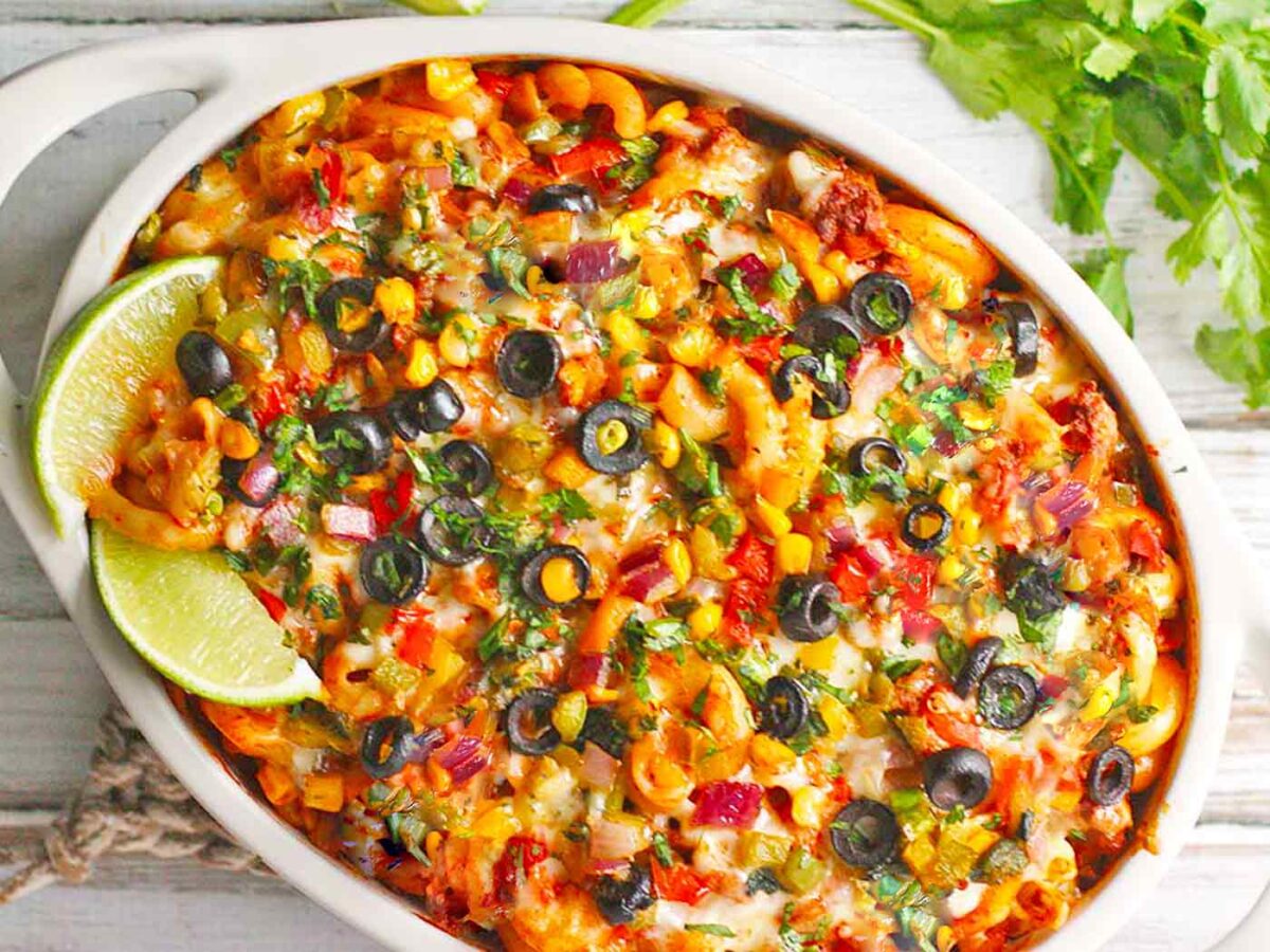 Overhead view of a baking dish filled with Mexican Pasta Bake.