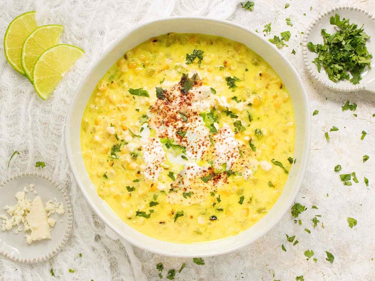 Mexican Street Corn Soup in a white bowl.