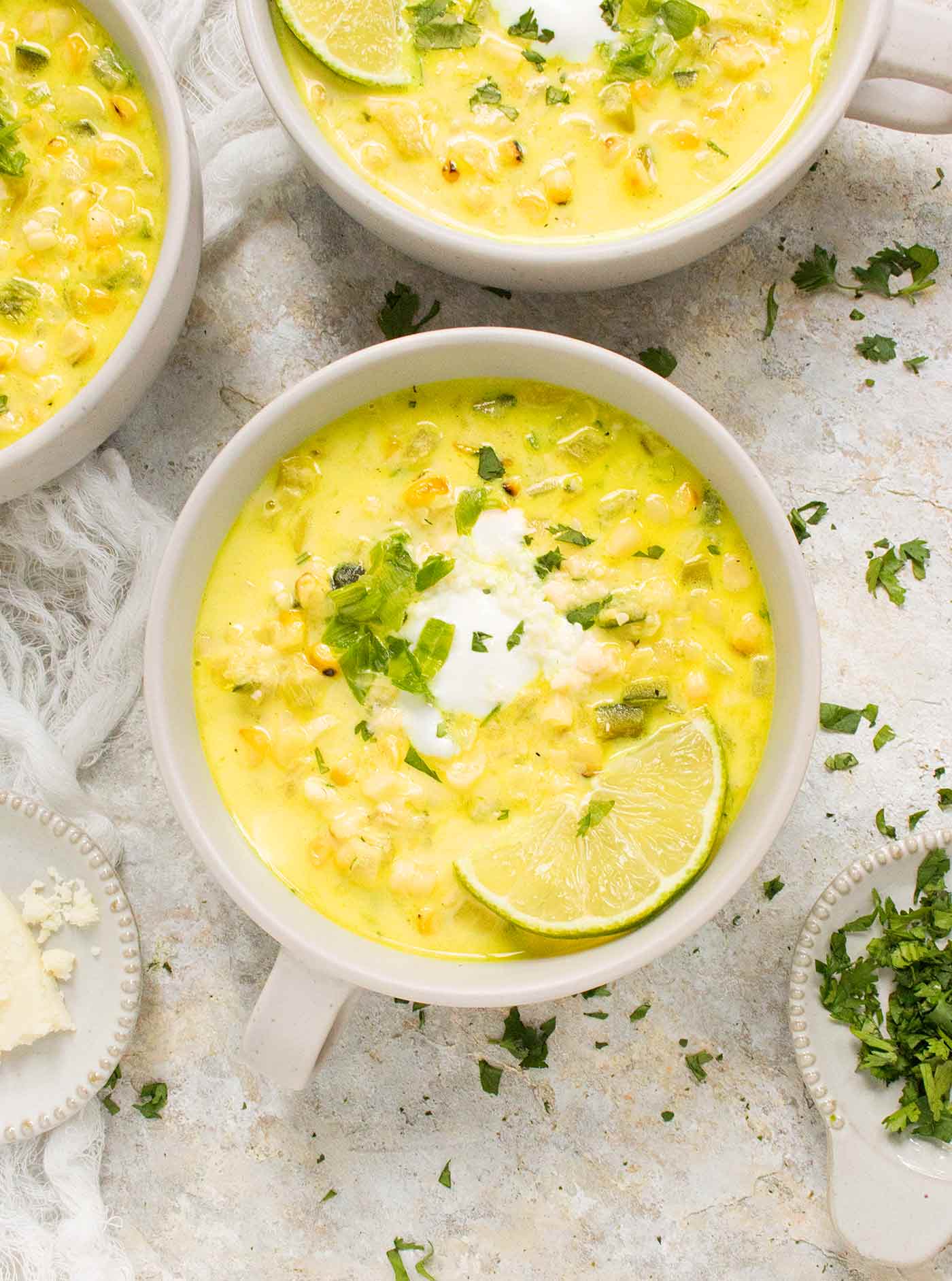 Three bowls of Mexican Street Corn Soup