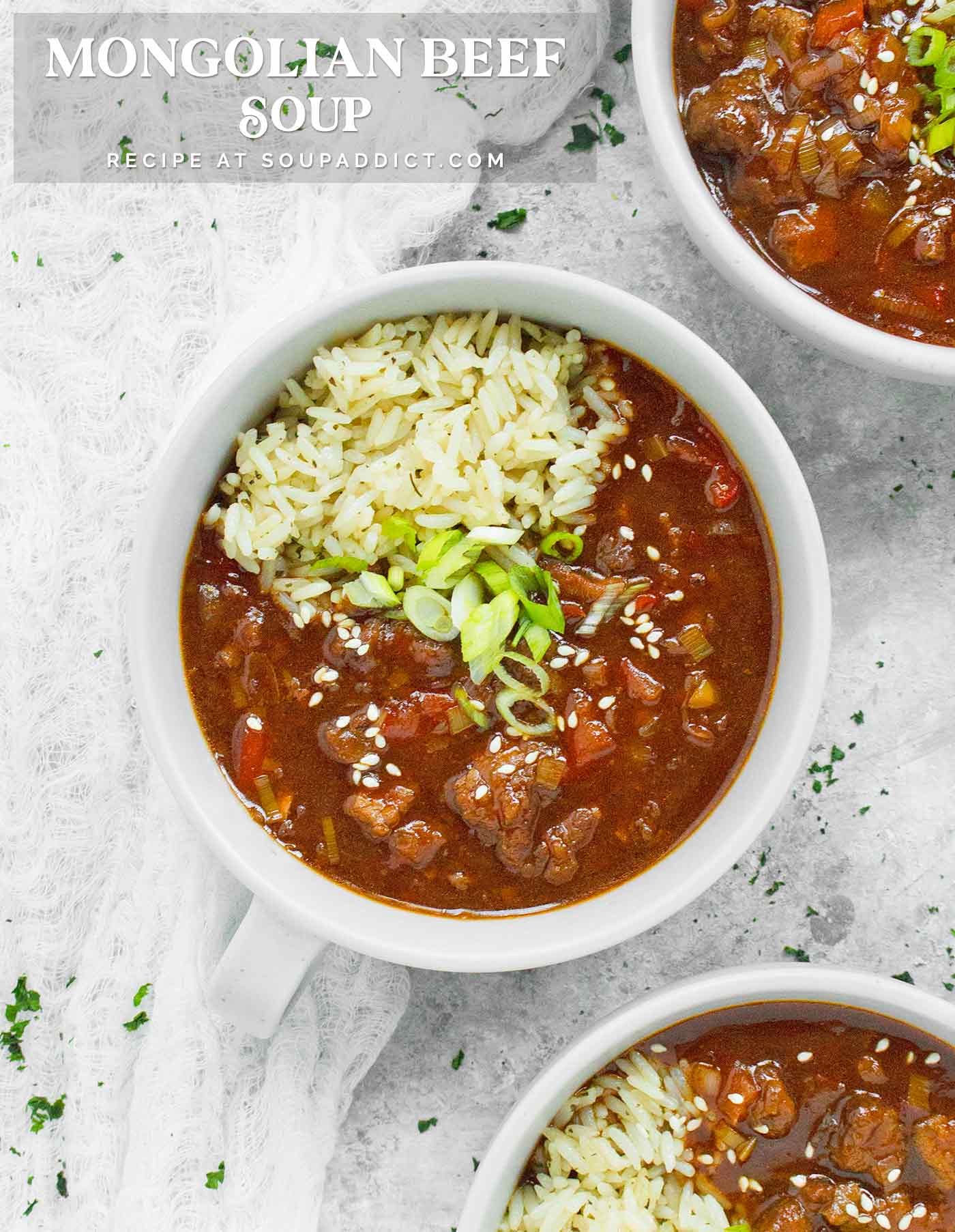 Three bowls of Mongolian Beef Soup