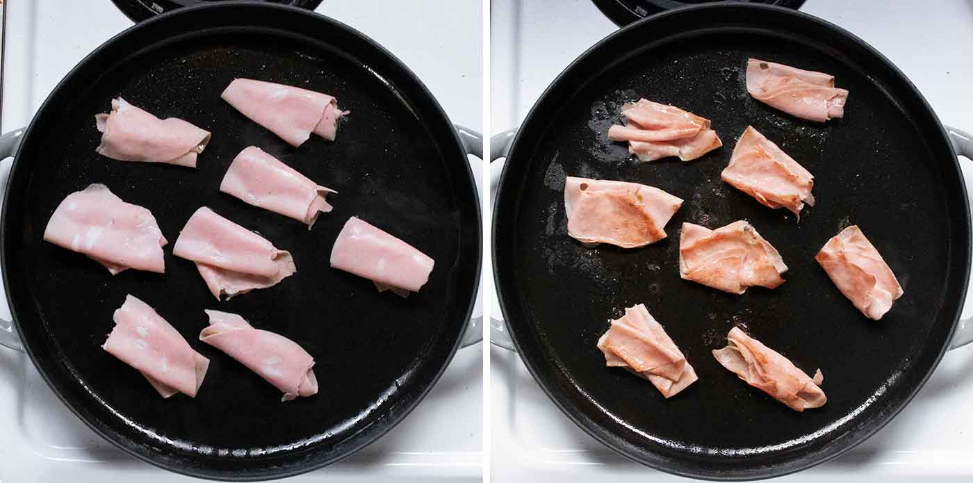 Photo duo showing pan frying the mortadella bundles.