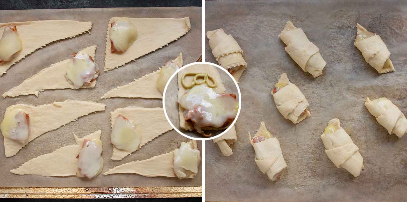 Photo duo of the melted-cheese-topped mortadella being rolled up in the crescent dough. 