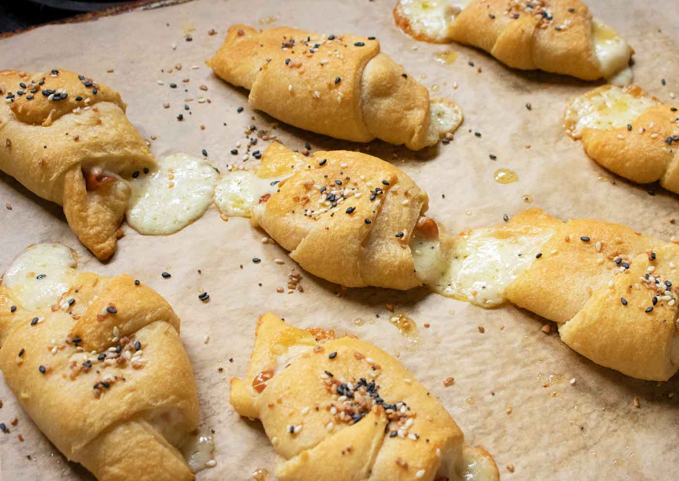 Freshly baked Mortadella Stuffed Crescent Rolls, right out of the oven.