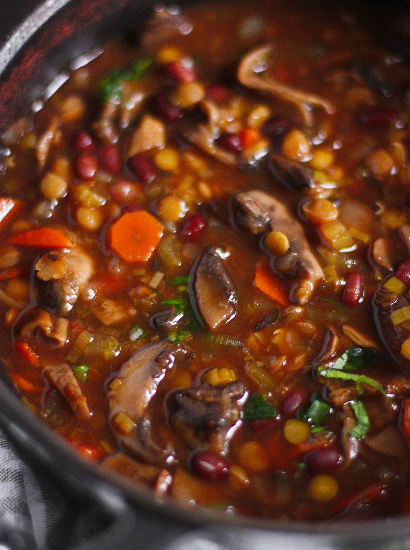 Close-up of Mushroom Lentil Mushroom Soup in the pot