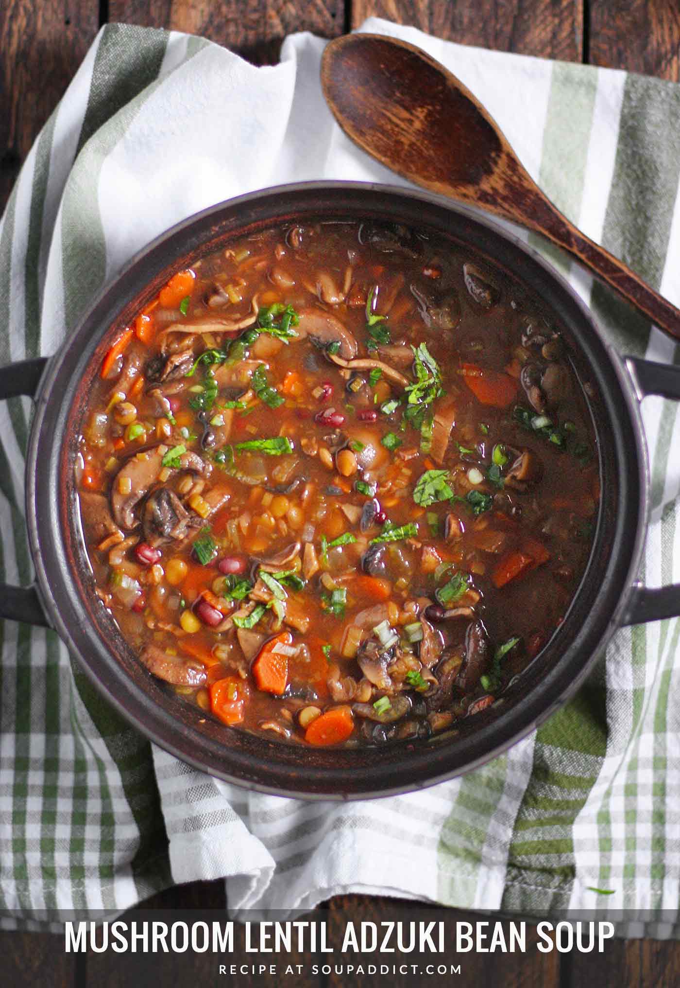 Mushroom Lentil Adzuki Bean Soup in a black Dutch oven with a serving spoon