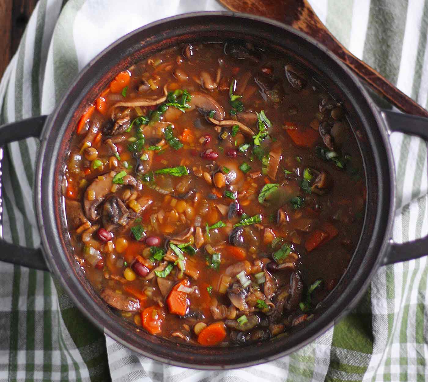Mushroom Lentil Adzuki Bean Soup in a Dutch oven, ready to serve