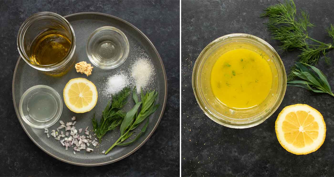 Photo collage duo of dressing ingredients on a plate, and the finished dressing in a glass jar.