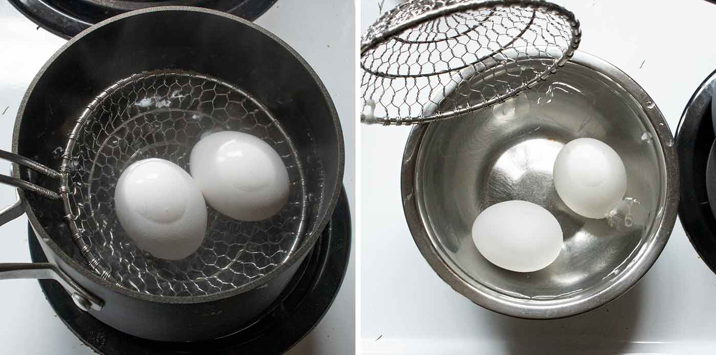 Photo duo of two eggs in boiling water, and then the eggs in an ice water bath.