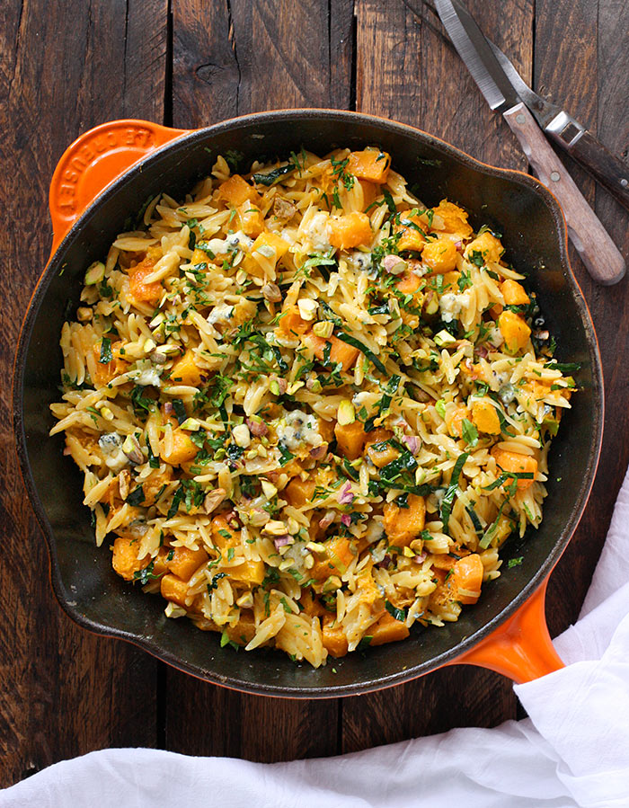 Orzo and Butternut Squash Skillet with Kale and Blue Cheese from SoupAddict.com. A weeknight-easy side dish, flavor-loaded up with creamy blue cheese, pistachios, and herbs.