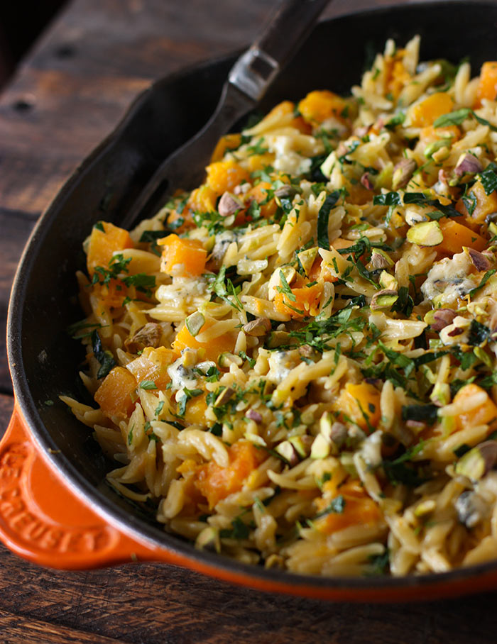 Orzo and Butternut Squash Skillet with Kale and Blue Cheese from SoupAddict.com. A weeknight-easy side dish, flavor-loaded up with creamy blue cheese, pistachios, and herbs.