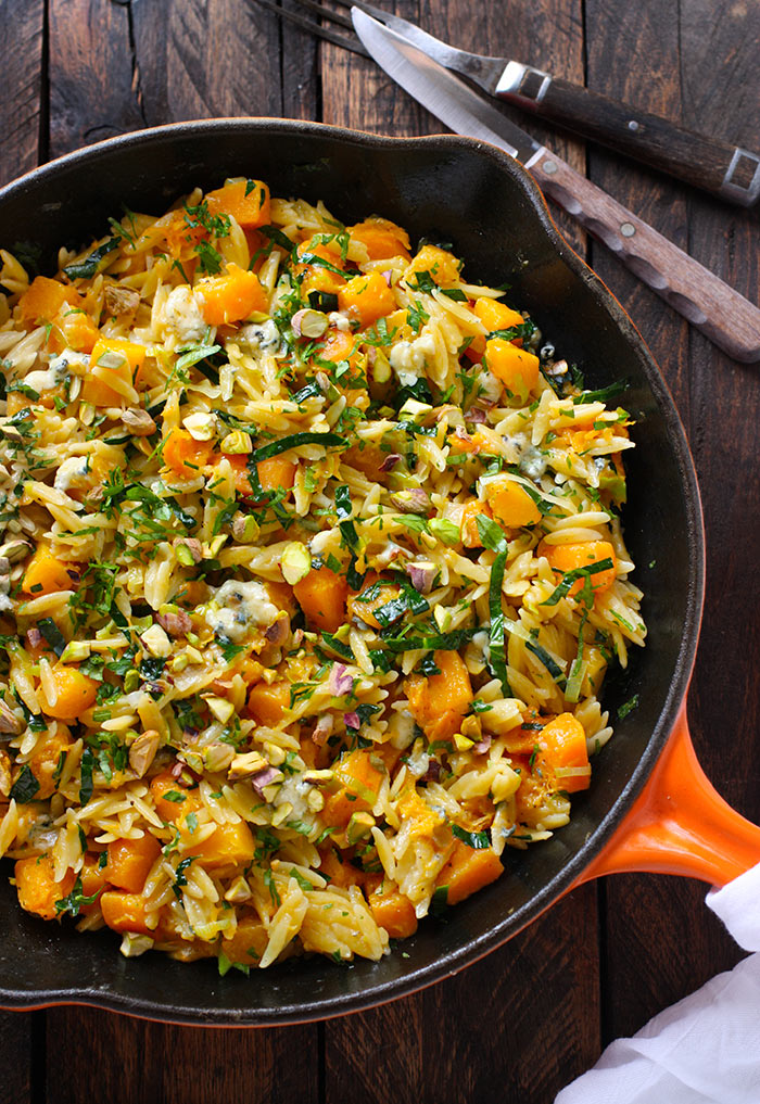 Orzo and Butternut Squash Skillet with Kale and Blue Cheese from SoupAddict.com. A weeknight-easy side dish, flavor-loaded up with creamy blue cheese, pistachios, and herbs.