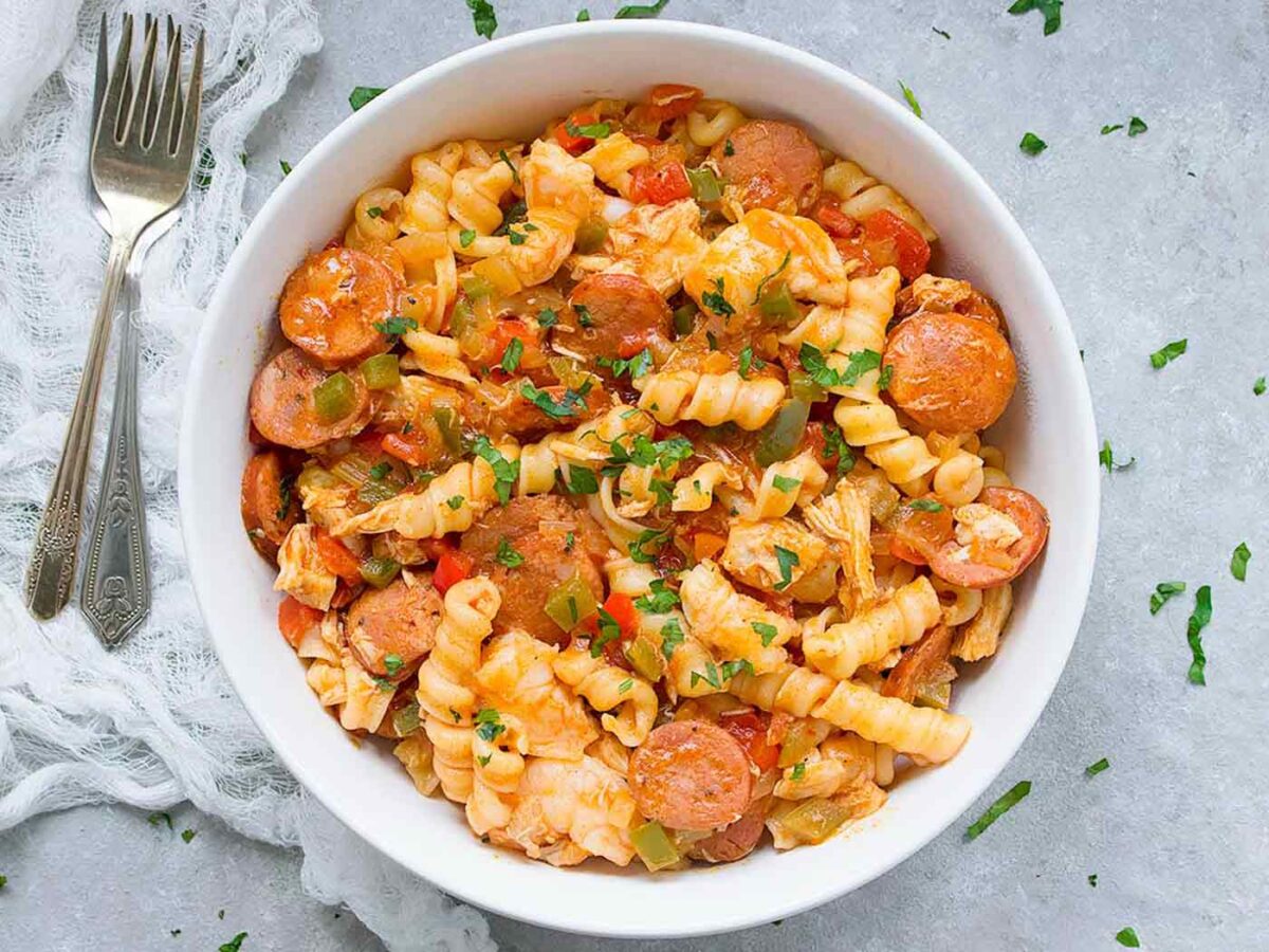 Overhead view of Pasta Jambalaya in a white bowl.