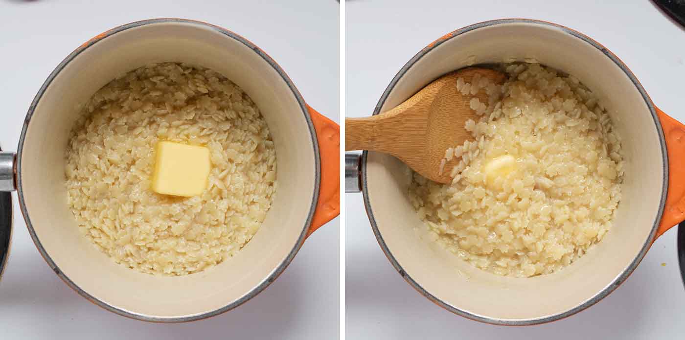 Photo duo showing stirring in the butter to make the pasta rich and glossy.