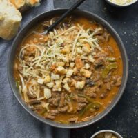 A bowl of Philly Cheesesteak Soup.