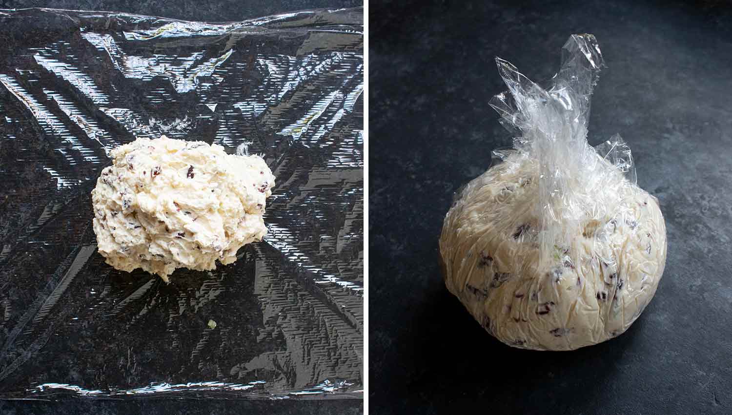 Wrapping the cheese mixture in plastic wrap.