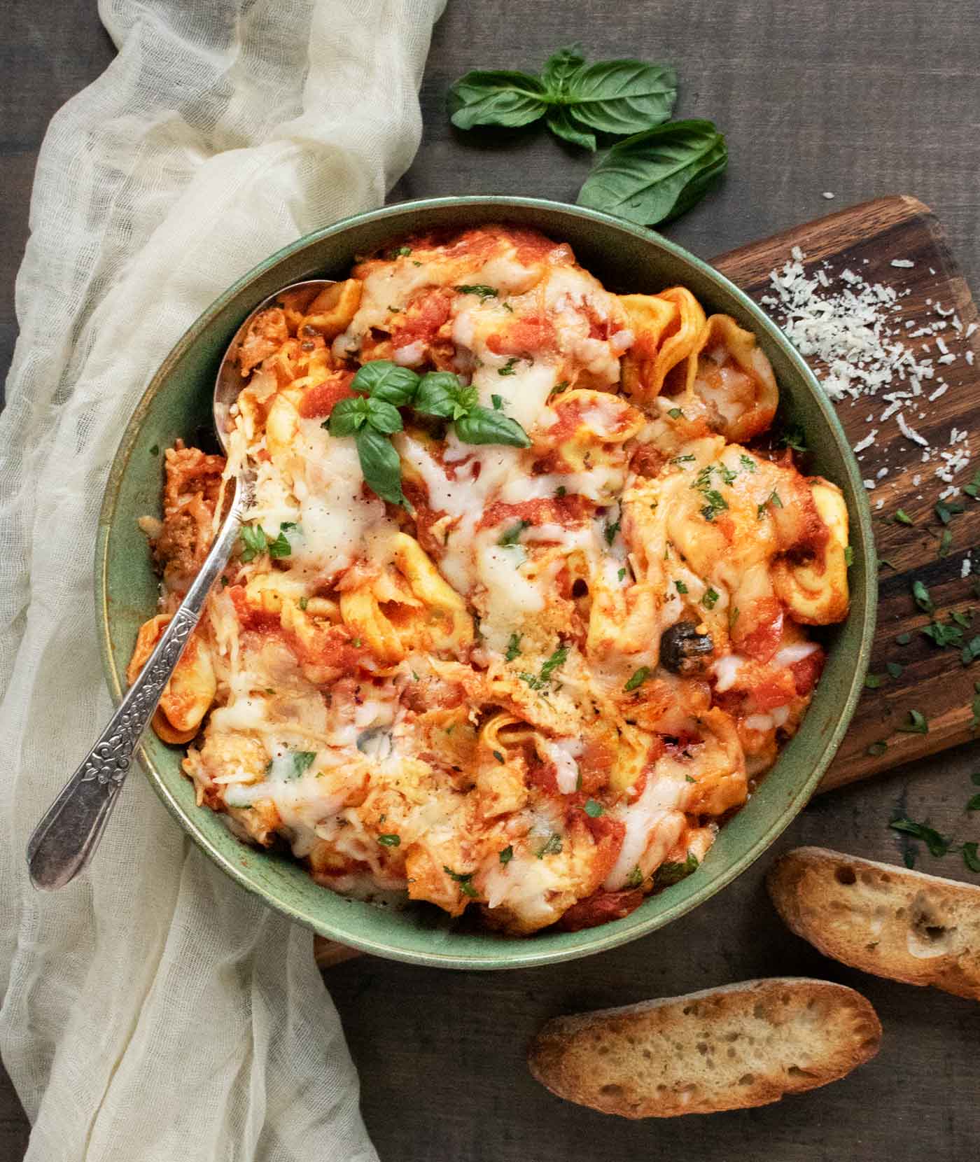 Overhead view of a bowl of Pizza Tortellini.