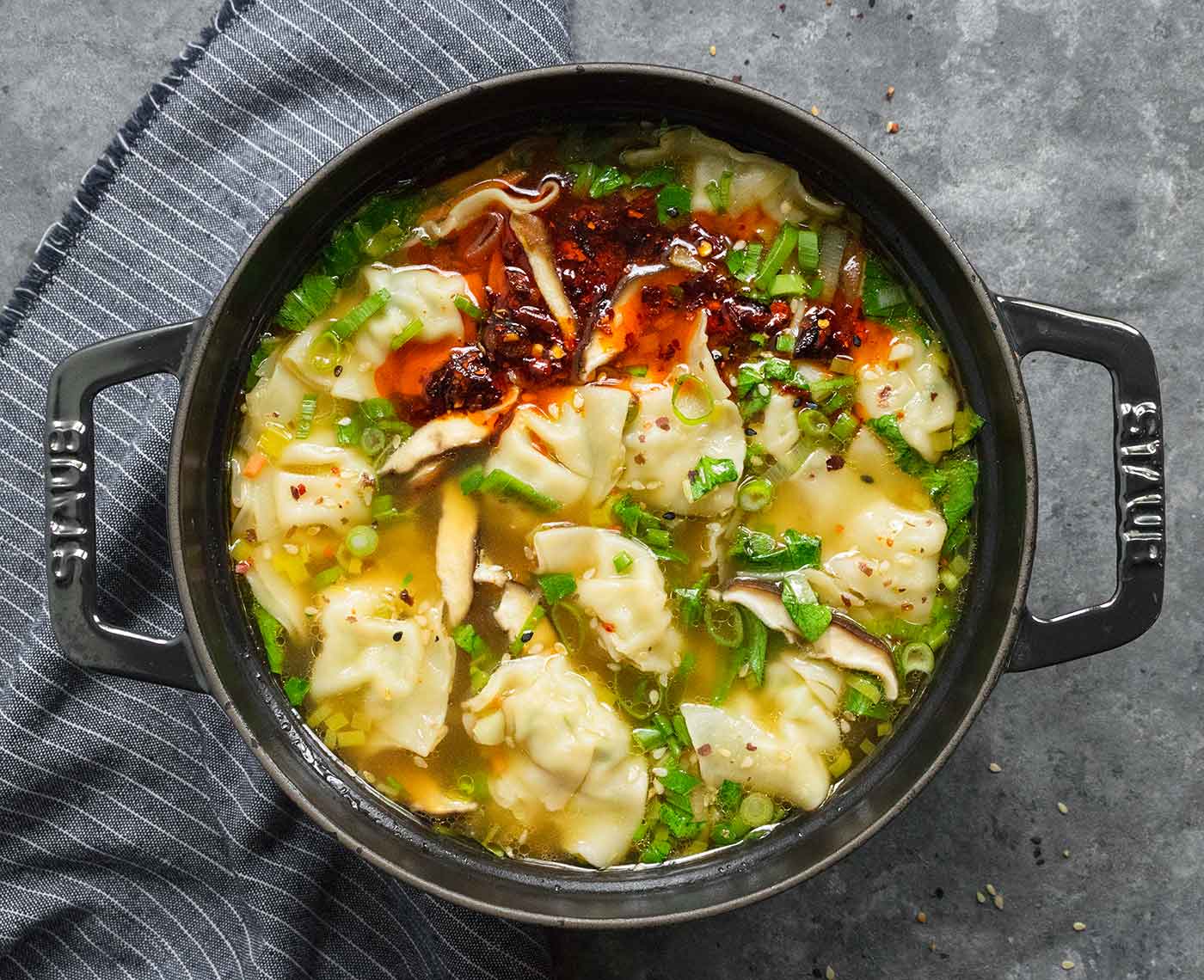 A Dutch oven filled with Potsticker Soup.