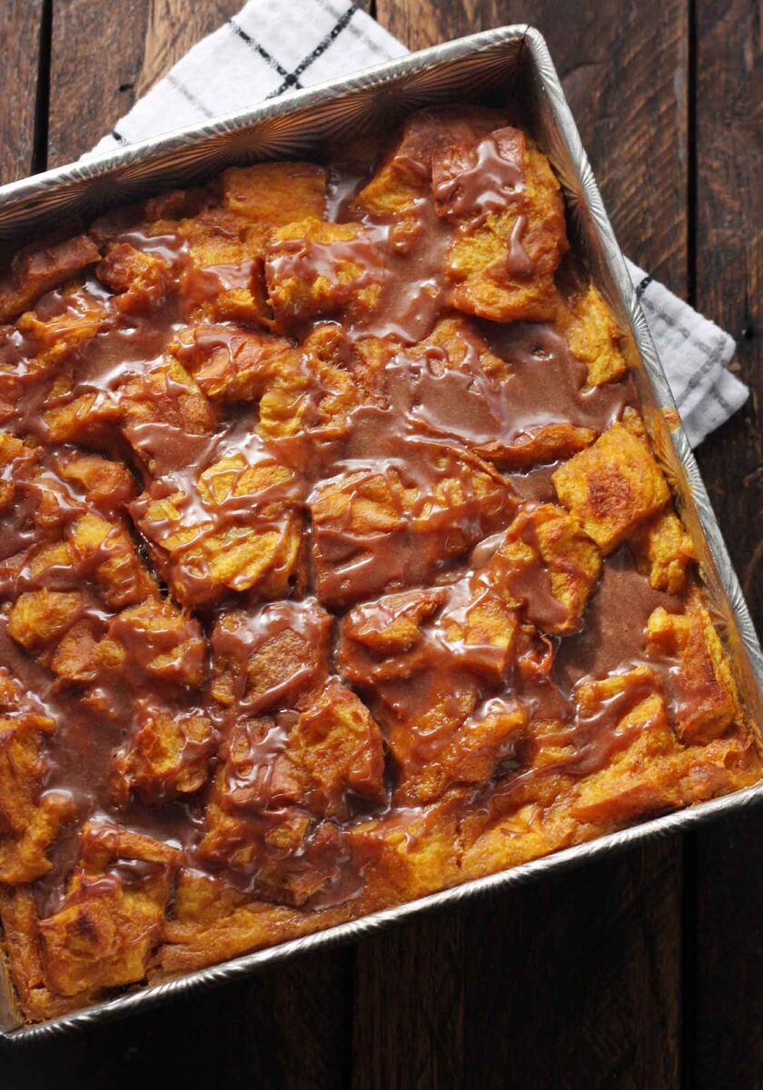 Pumpkin Bread Pudding with Nutella in a baking pan, ready to serve.