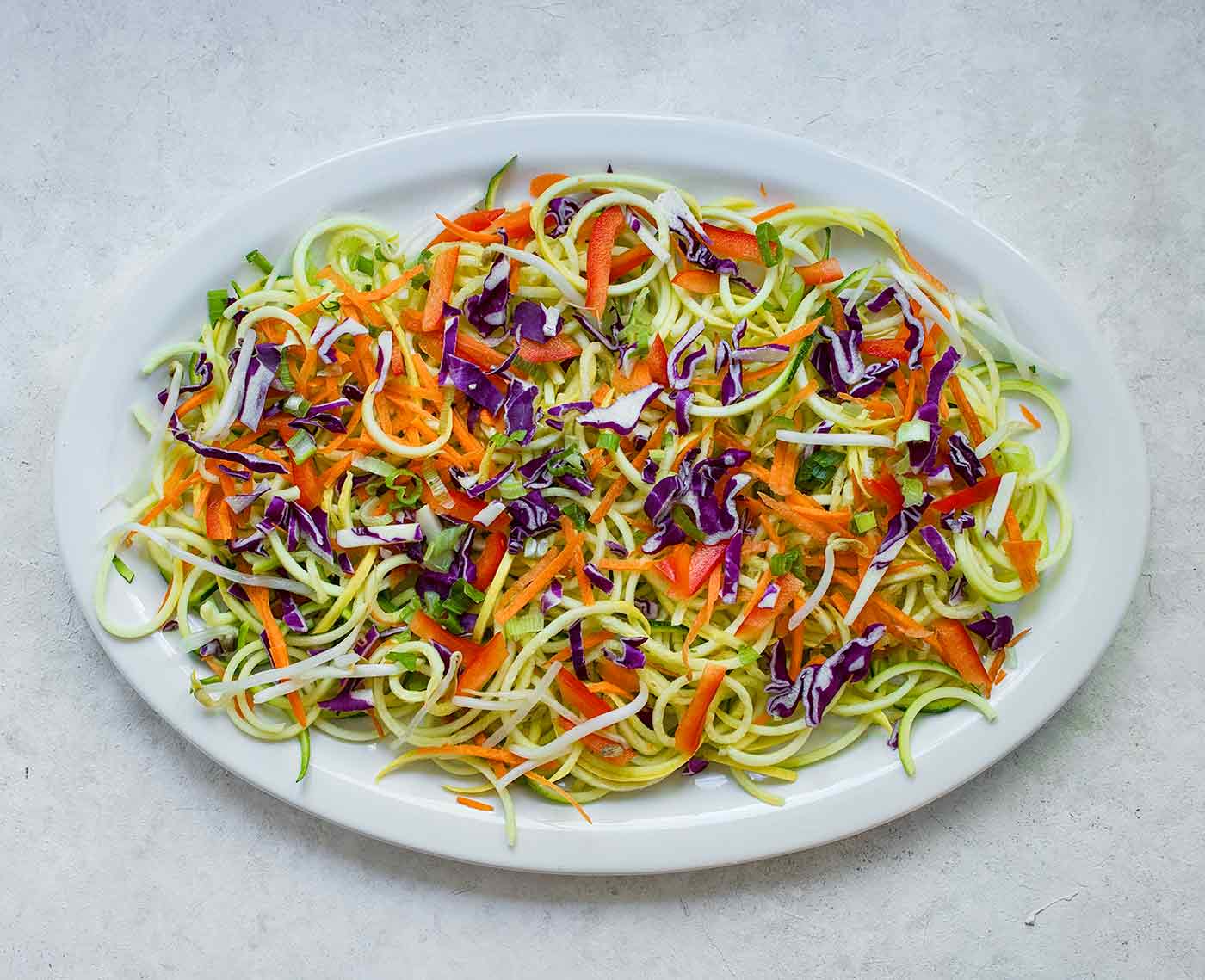A platter of spiralized veggies for Rainbow Pad Thai