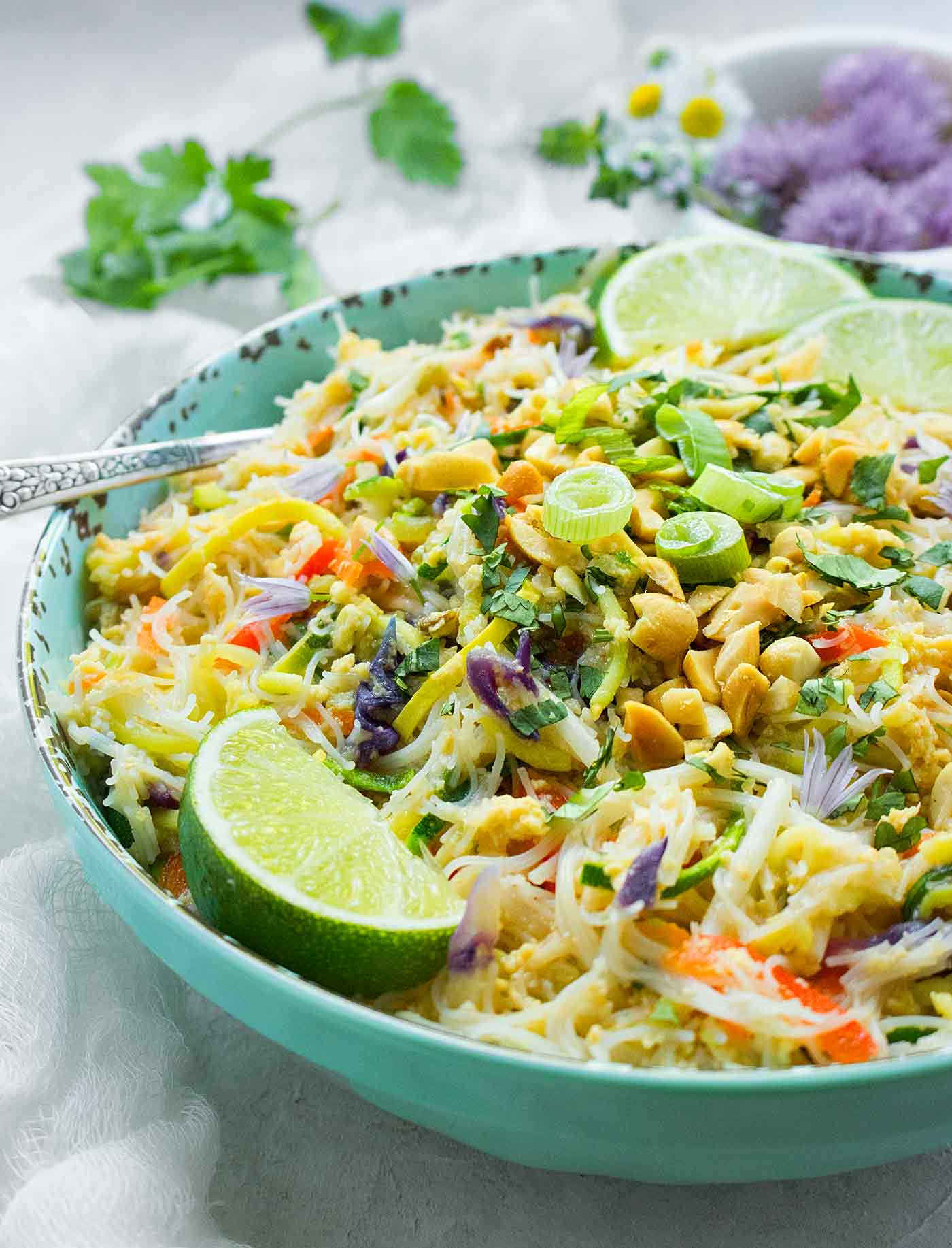 Close up of a bowl of Rainbow Vegetarian Pad Thai
