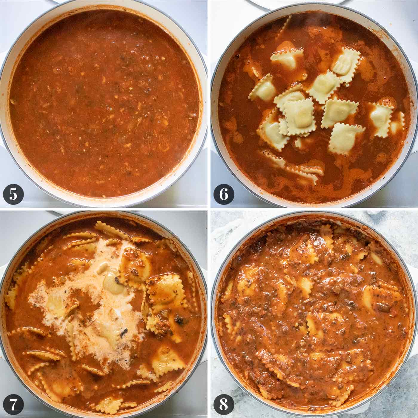 Photo collage showing the remaining steps for creating Ravioli Soup.
