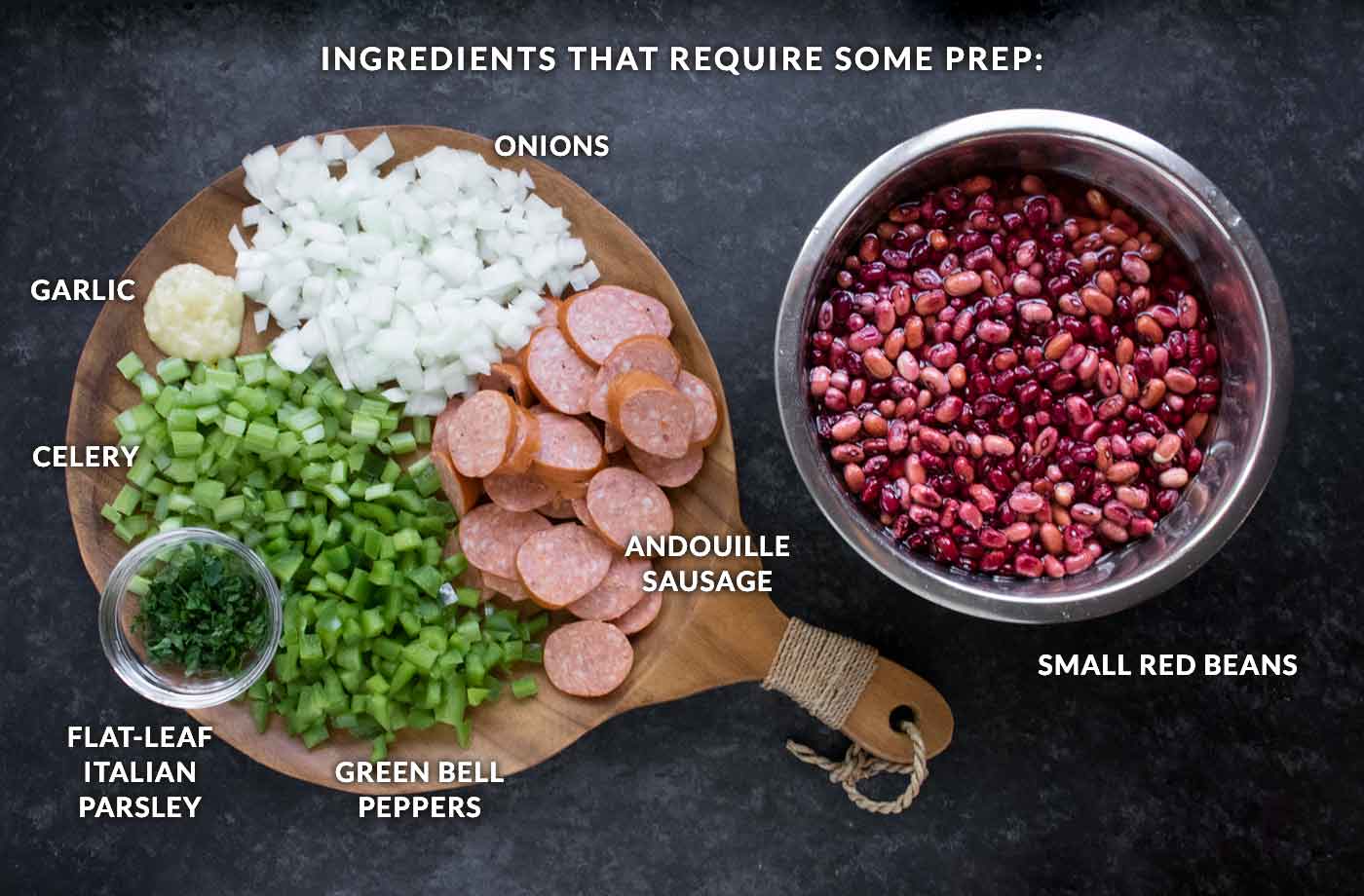 Ingredients shown prepped and ready for cooking.