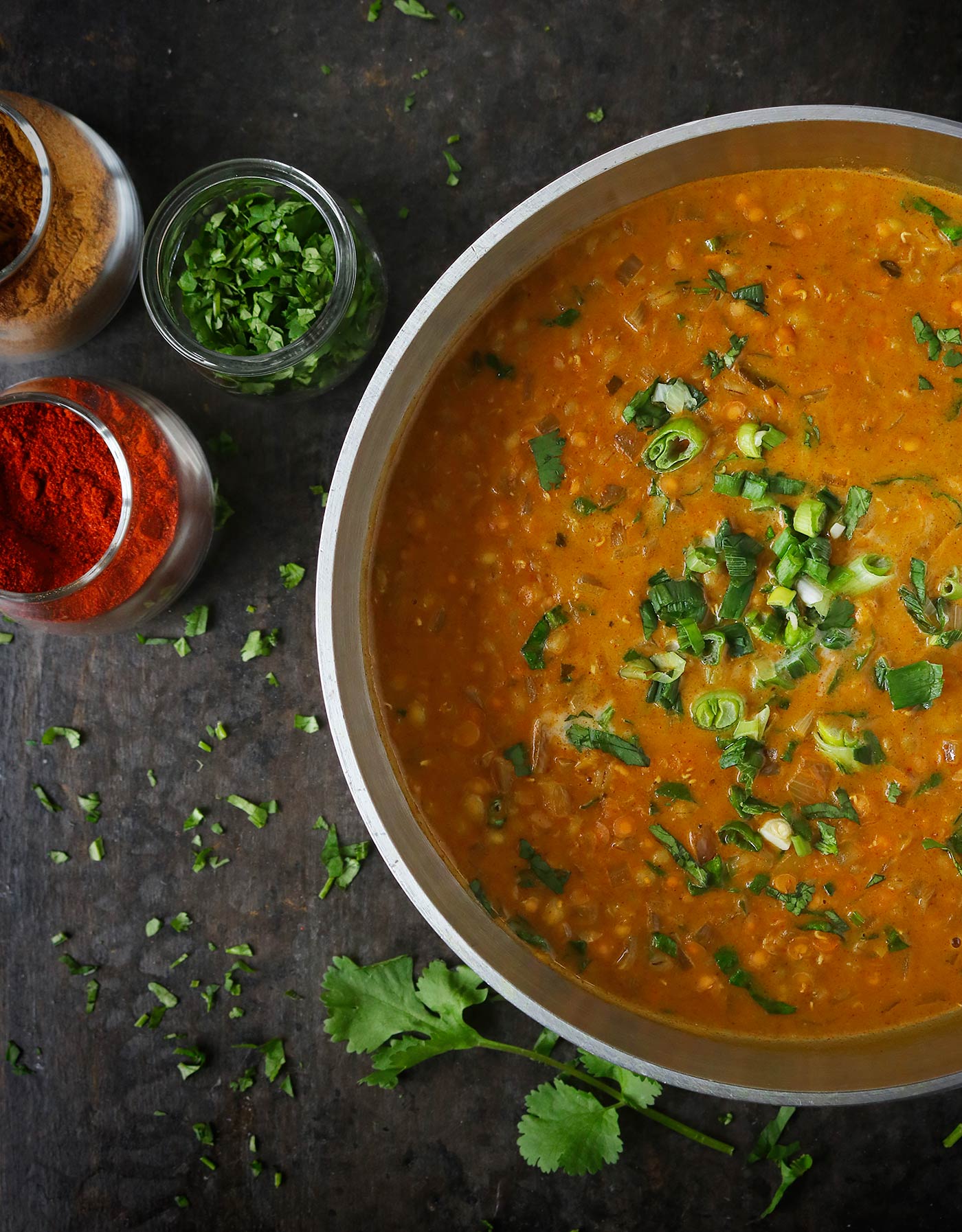 Overhead shot of masala soup in a pot