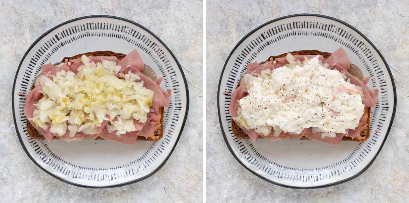 Topping off the Reuben Fried Toast with sauerkraut and creamy coleslaw.
