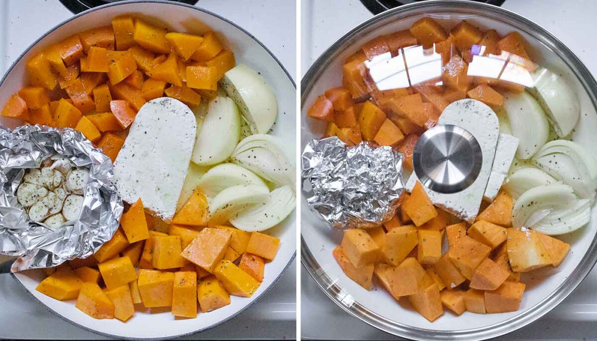 Photo duo showing the veggies, feta, and garlic packet in the pan, ready for roasting.