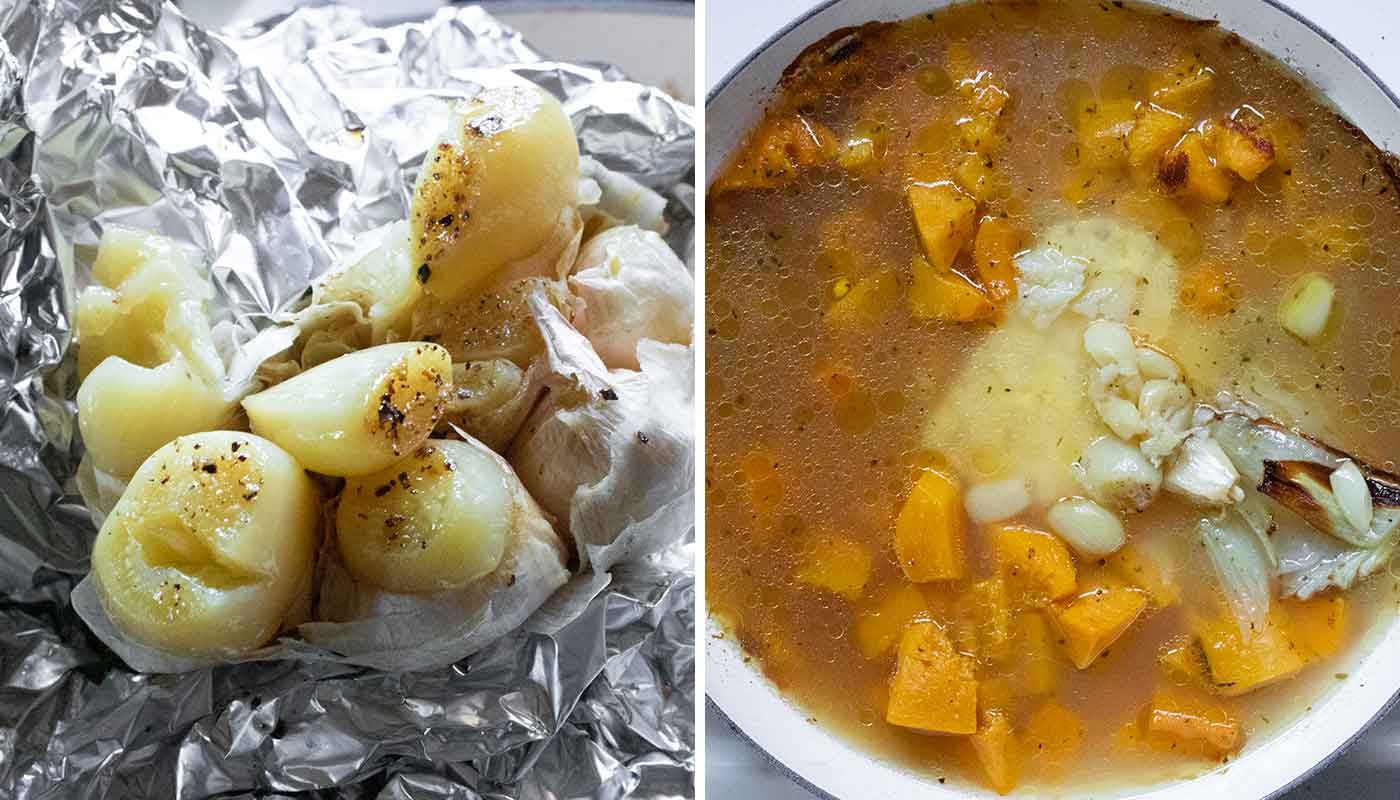 A photo duo showing adding the roasted garlic and broth to the pan.