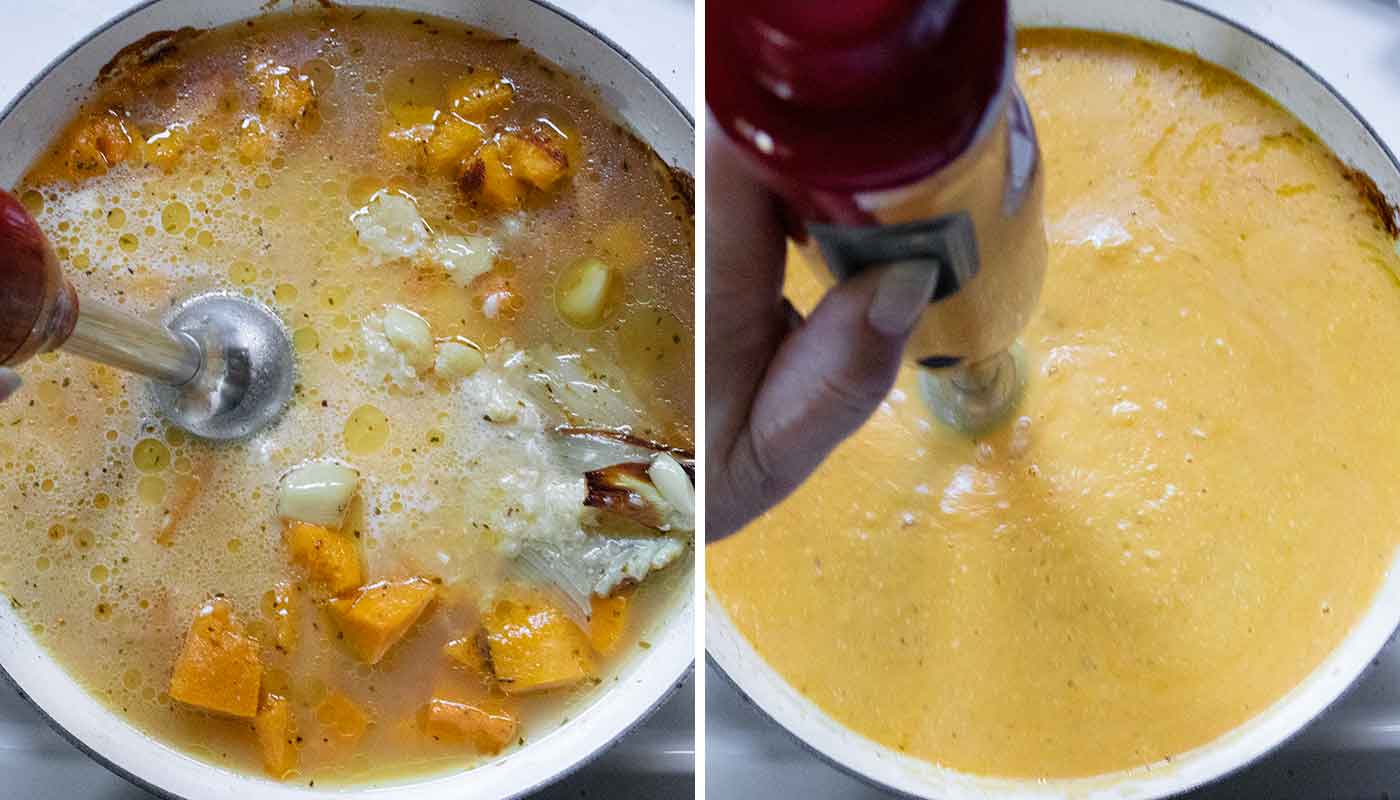 A photo duo showing blending up the soup with an immersion blender.