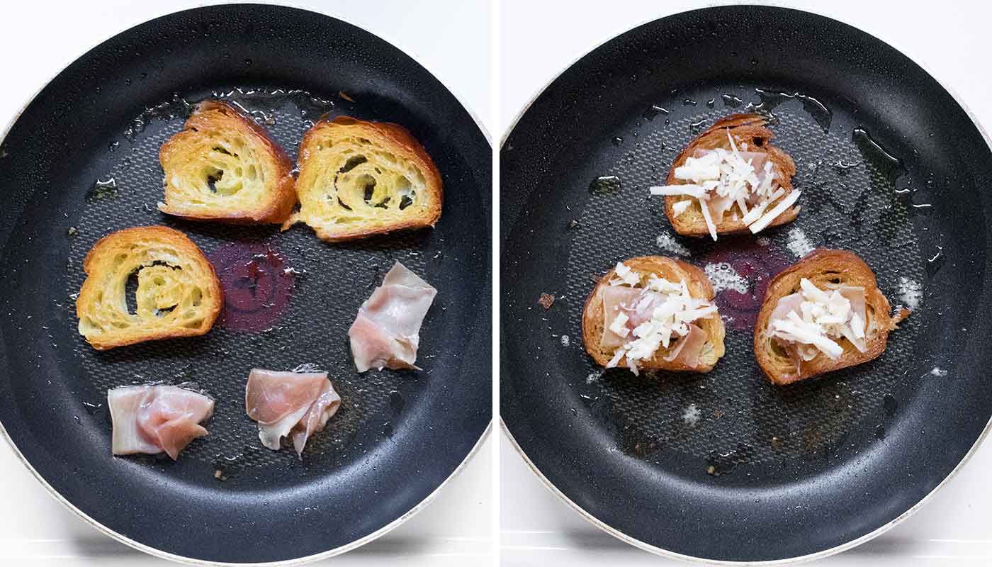 A photo duo showing how to fry up the croissant toppings in a skillet.