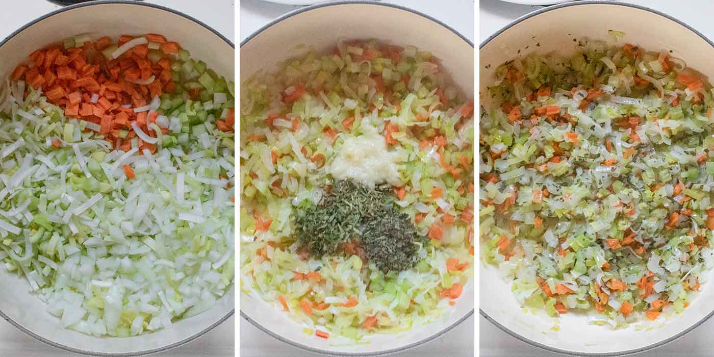 Photo trio showing sauteing the aromatic vegetables and mixing in the herbs.