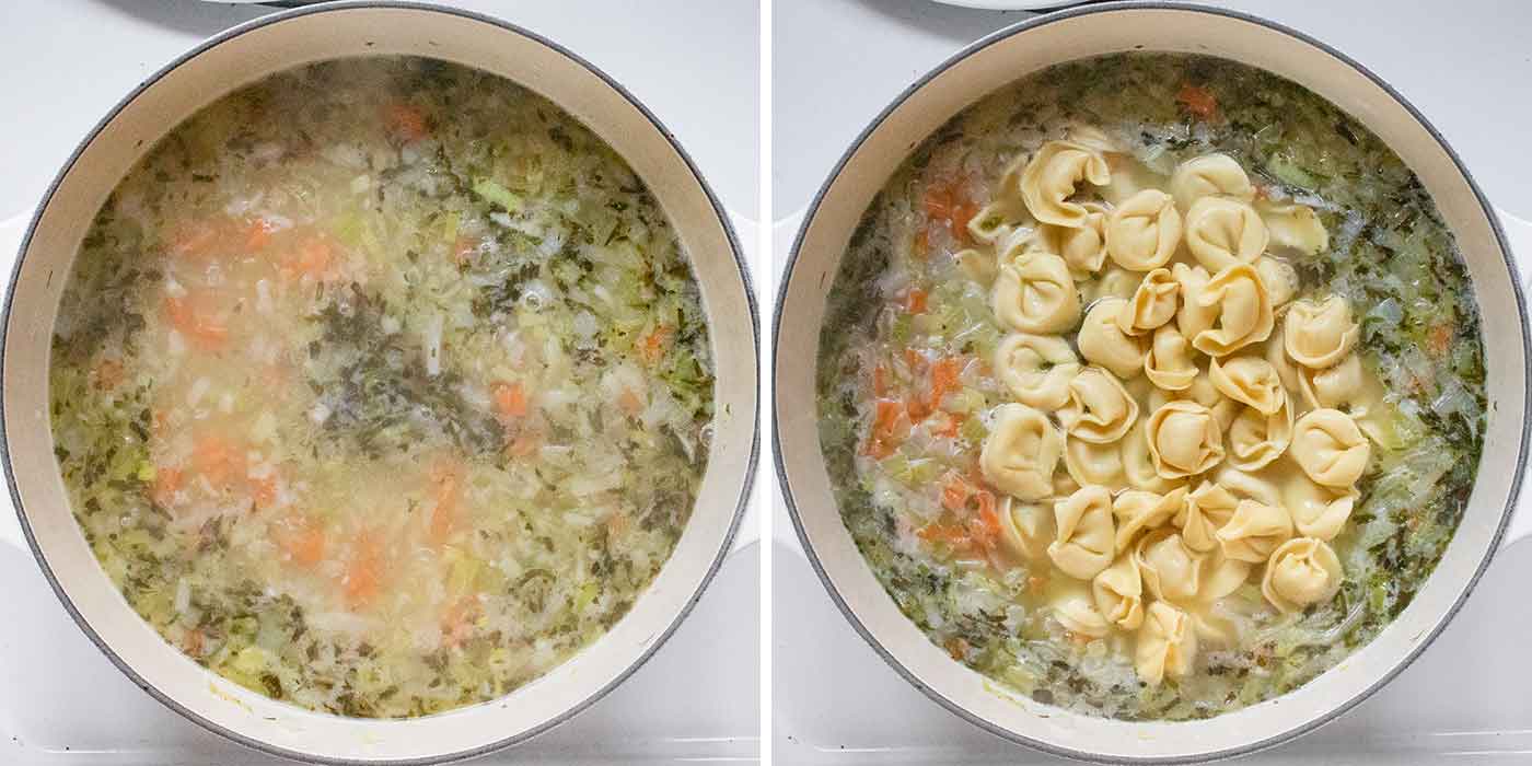 Photo duo showing simmering the soup and adding the tortellini.