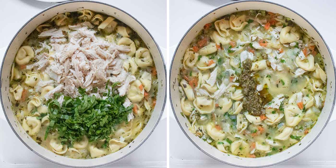 Photo duo showing adding the chicken and spinach, and then the pesto, to the Rotisserie Chicken Tortellini Soup.