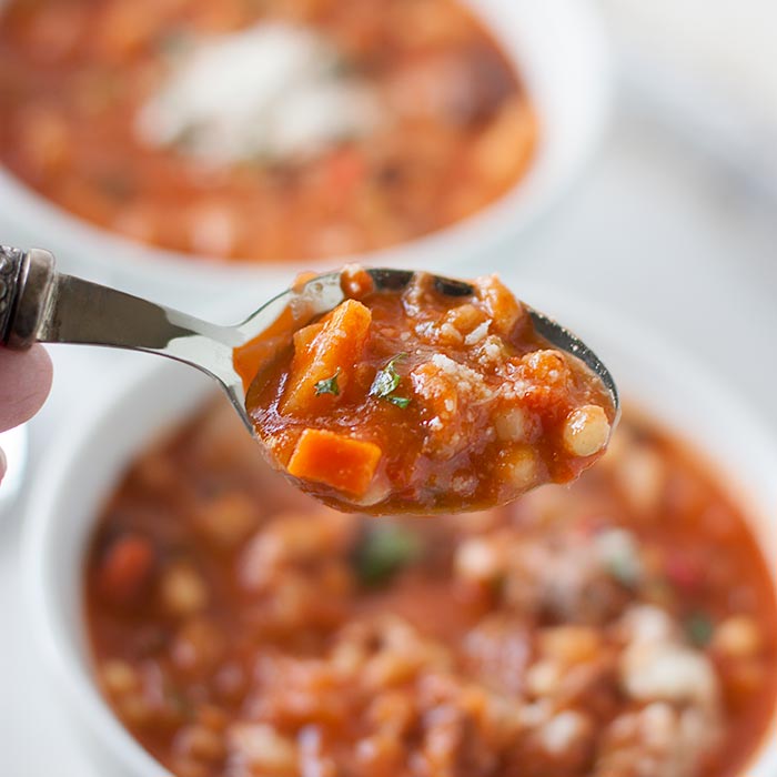 Close-up of a spoonful of Sardinian Longevity Minestrone soup