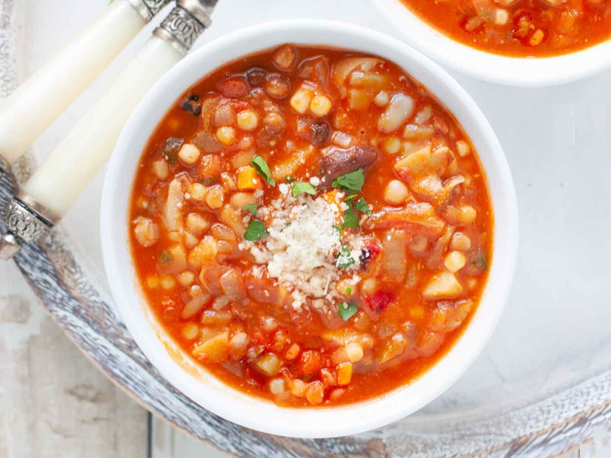 Overhead shot of a bowl of Sardinian Longevity Minestrone.