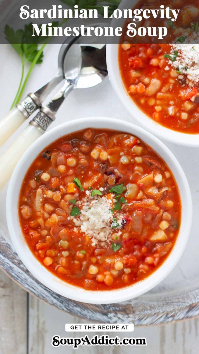 Pinterest pin image featuring a bowl of Sardinian Longevity Minestrone Soup.