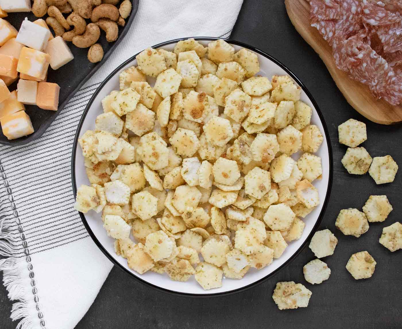 Overhead view of Seasoned Oyster Crackers on a plate.