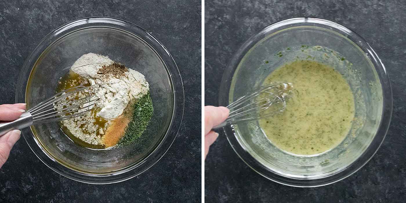 Photo duo showing mixing the seasonings into the melted butter.