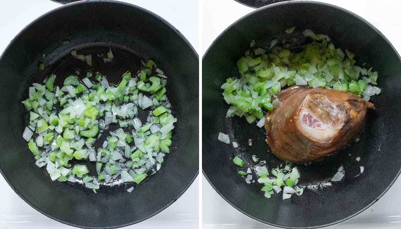 A photo duo showing the sauteeing of the aromatics and the ham hock.