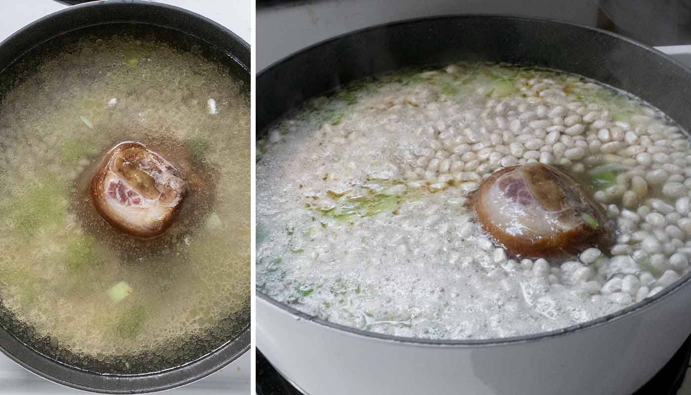 A photo duo showing simmering the bean soup.