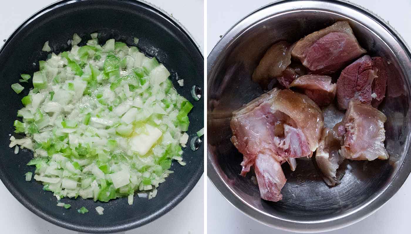 A photo duo showing the onions and celery cooking in butter, and the ham hock cooling in a bowl.