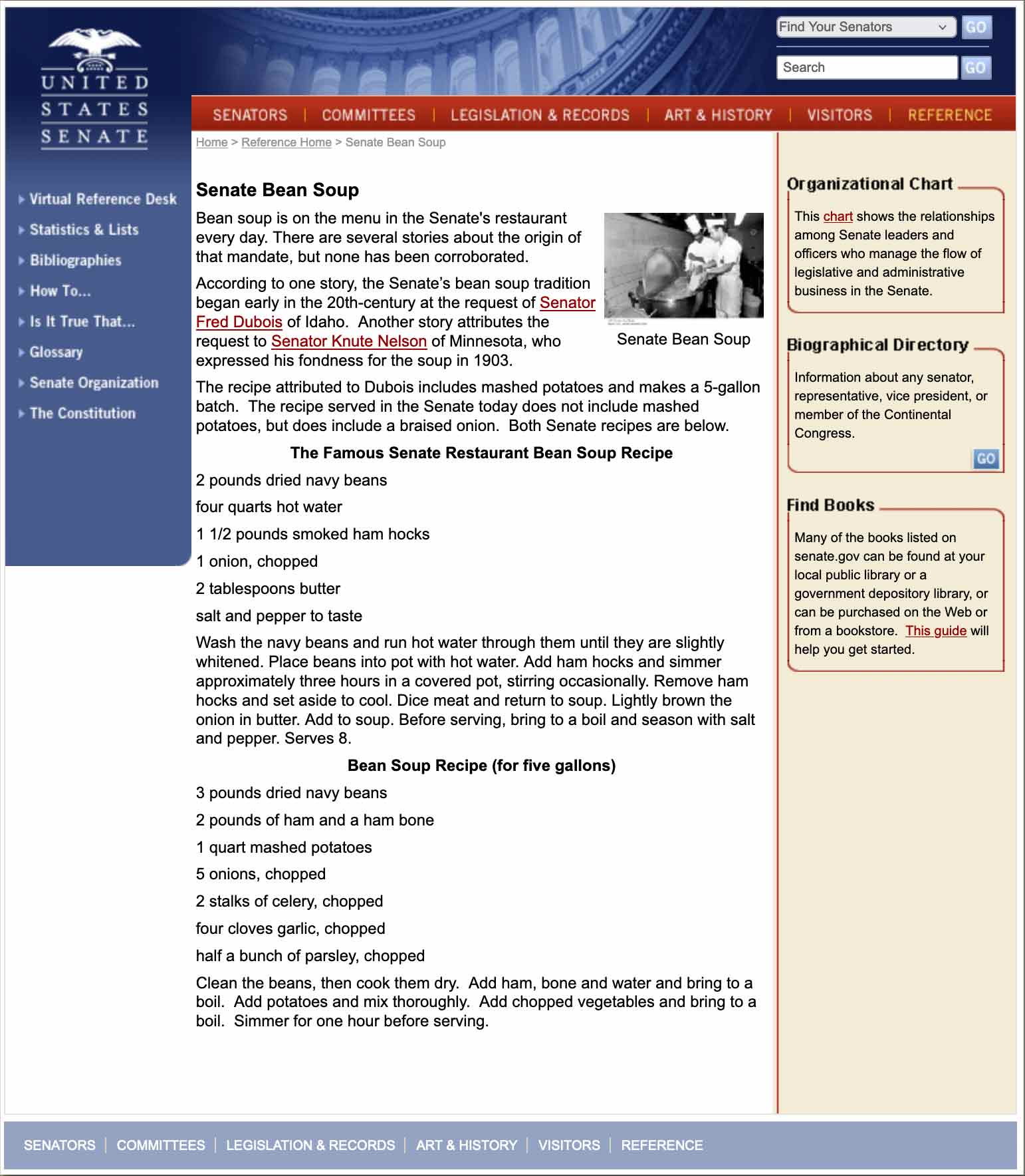 Screenshot of the original Senate Bean Soup on the Senate's website from 2008.