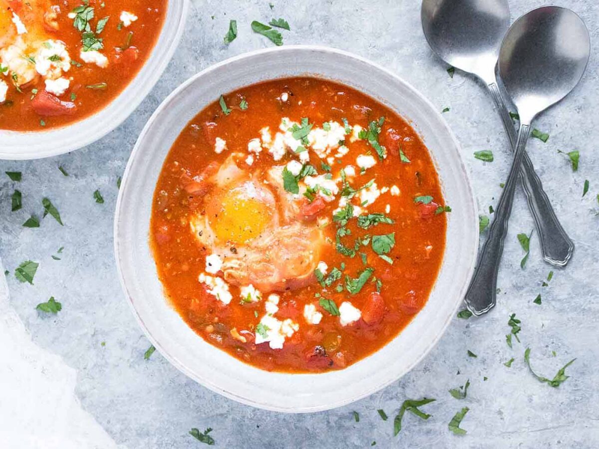 Shakshuka Soup in a light gray soup bowl.